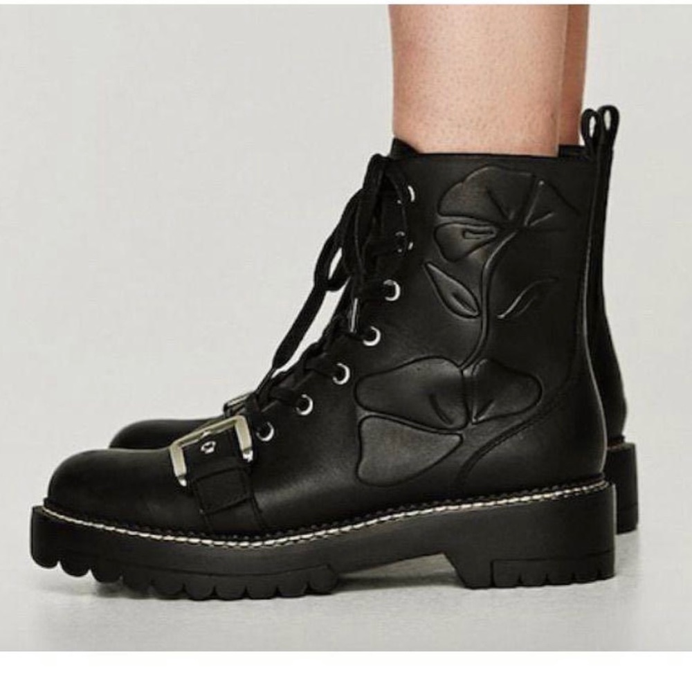 Zara Leather buckle lace up boots